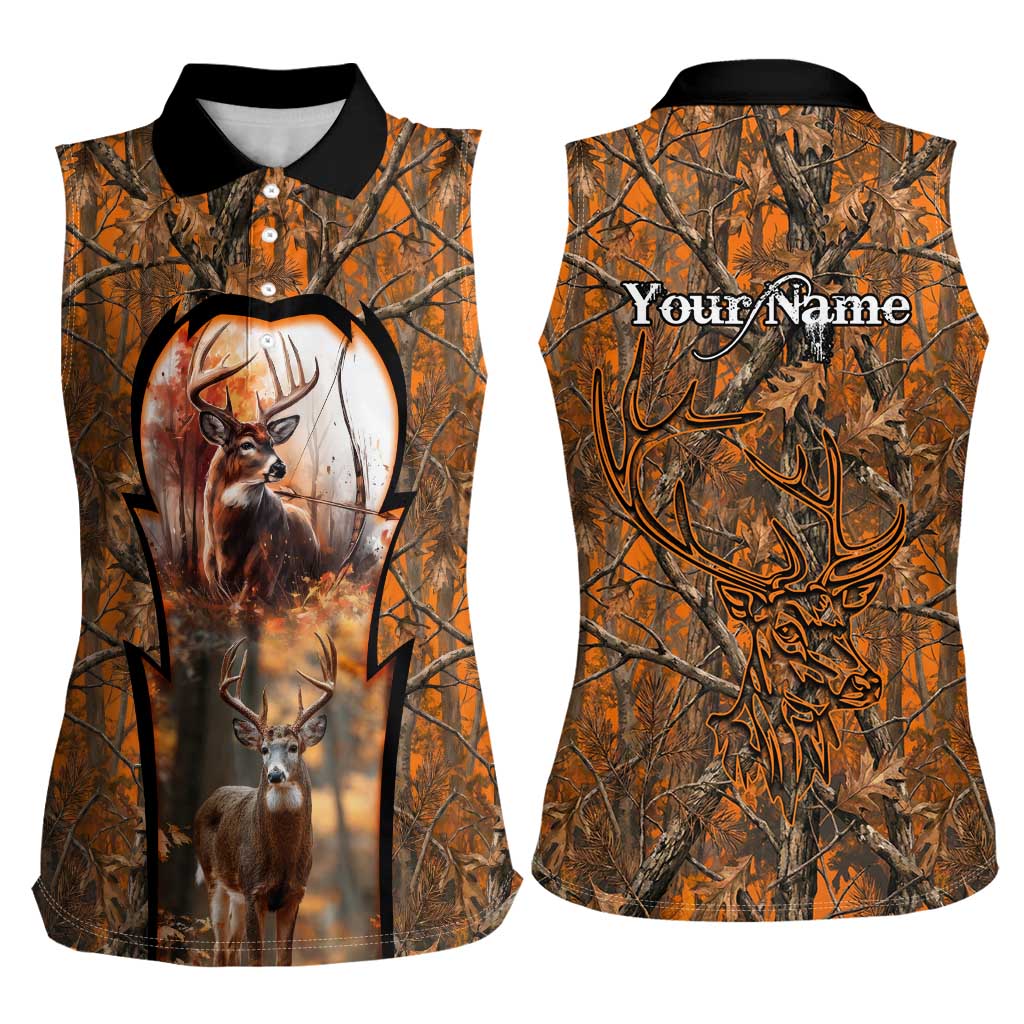 Personalized Deer Hunter Women Sleeveless Polo Shirt Antler Outline and Autumn Camouflage Hunting