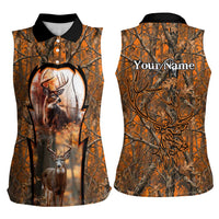Personalized Deer Hunter Women Sleeveless Polo Shirt Antler Outline and Autumn Camouflage Hunting