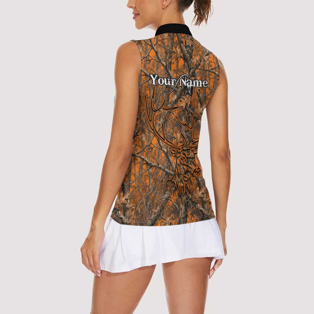 Personalized Deer Hunter Women Sleeveless Polo Shirt Antler Outline and Autumn Camouflage Hunting