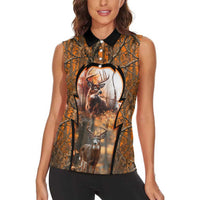 Personalized Deer Hunter Women Sleeveless Polo Shirt Antler Outline and Autumn Camouflage Hunting