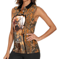 Personalized Deer Hunter Women Sleeveless Polo Shirt Antler Outline and Autumn Camouflage Hunting