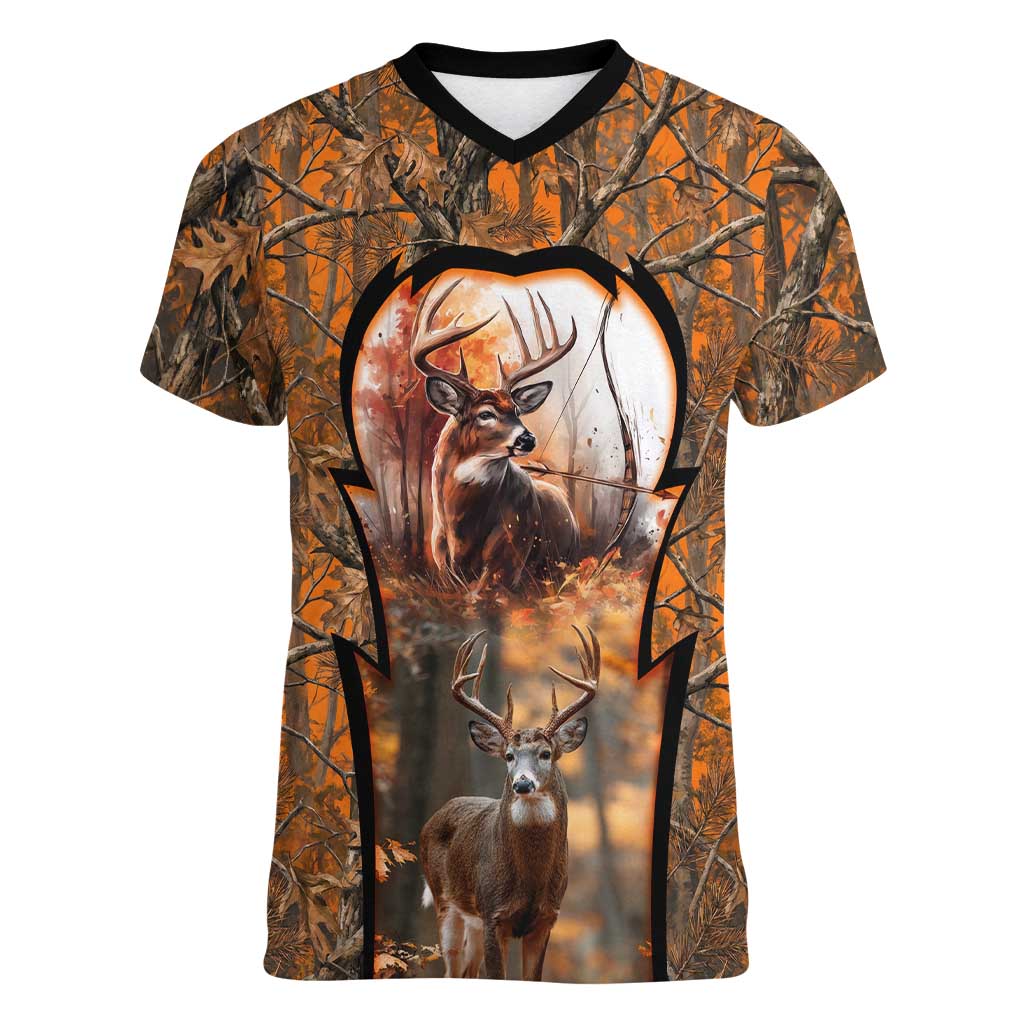 Personalized Deer Hunter Women V-Neck T-Shirt Antler Outline and Autumn Camouflage Hunting