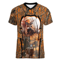Personalized Deer Hunter Women V-Neck T-Shirt Antler Outline and Autumn Camouflage Hunting