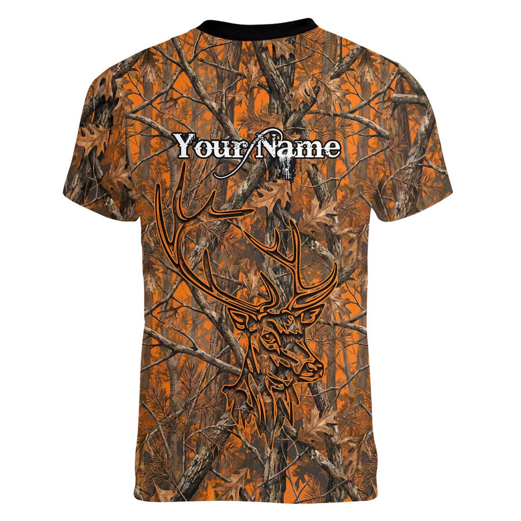 Personalized Deer Hunter Women V-Neck T-Shirt Antler Outline and Autumn Camouflage Hunting