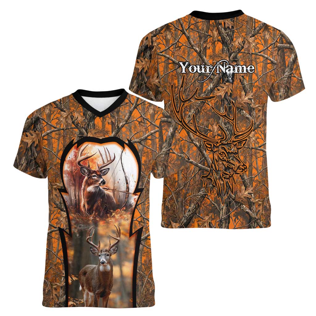 Personalized Deer Hunter Women V-Neck T-Shirt Antler Outline and Autumn Camouflage Hunting