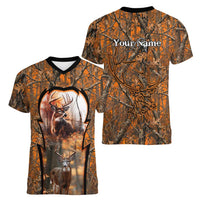 Personalized Deer Hunter Women V-Neck T-Shirt Antler Outline and Autumn Camouflage Hunting