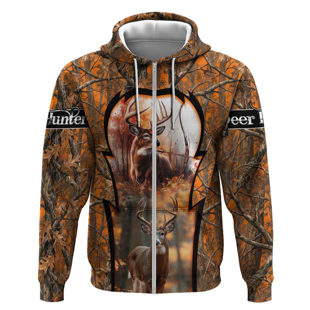 Personalized Deer Hunter Zip Hoodie Antler Outline and Autumn Camouflage Hunting