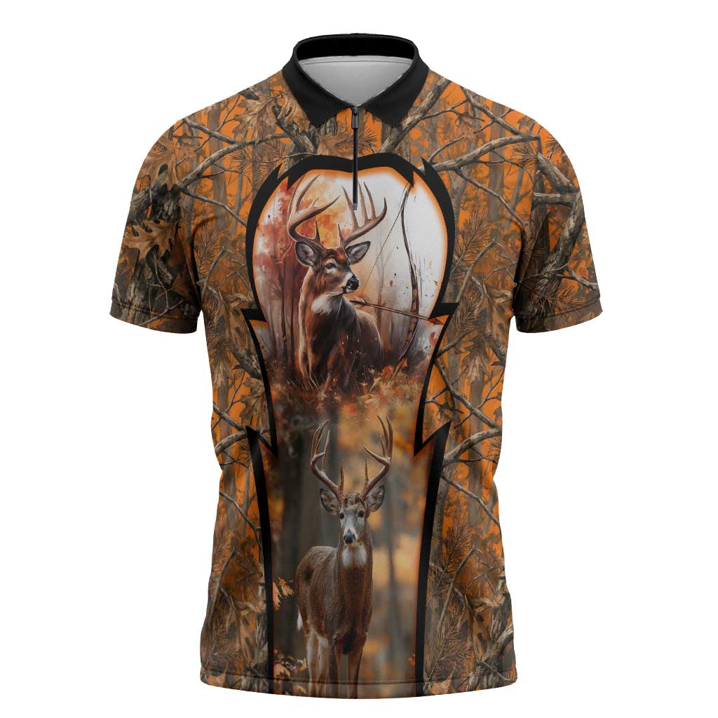 Personalized Deer Hunter Zipper Polo Shirt Antler Outline and Autumn Camouflage Hunting