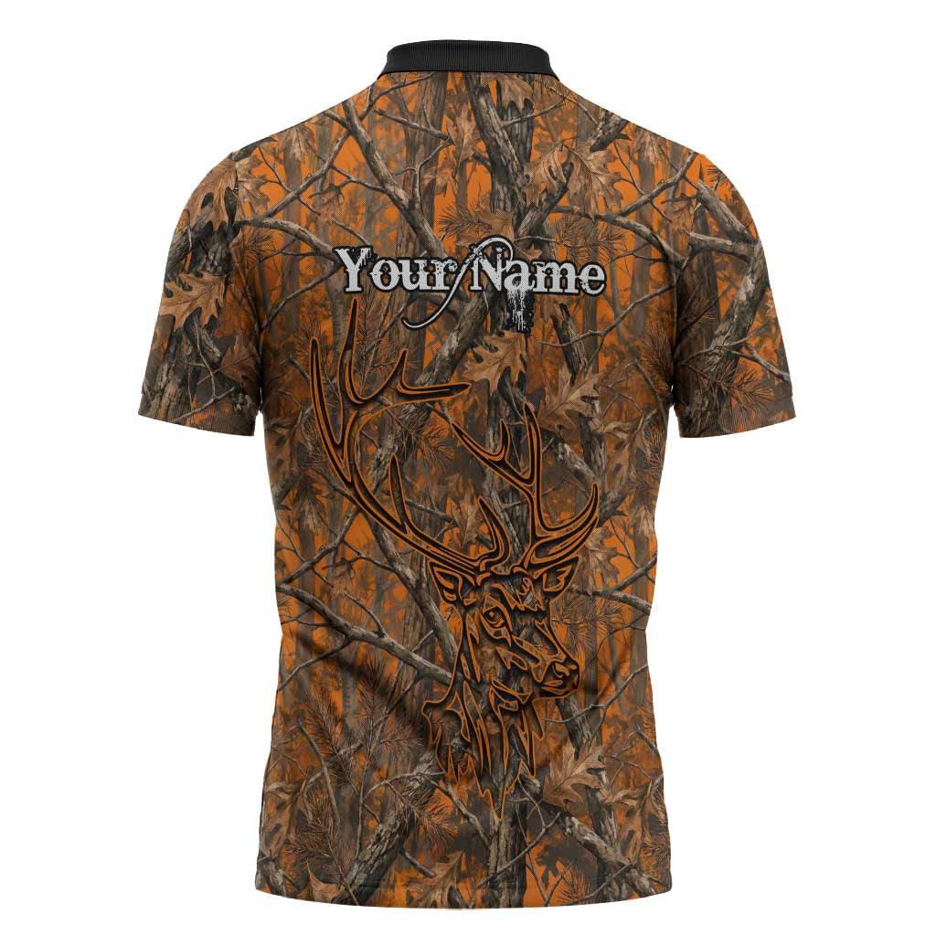 Personalized Deer Hunter Zipper Polo Shirt Antler Outline and Autumn Camouflage Hunting