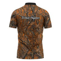 Personalized Deer Hunter Zipper Polo Shirt Antler Outline and Autumn Camouflage Hunting