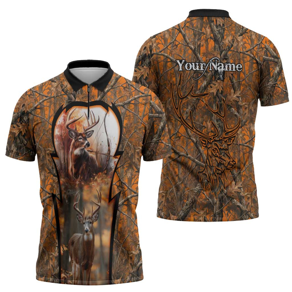 Personalized Deer Hunter Zipper Polo Shirt Antler Outline and Autumn Camouflage Hunting