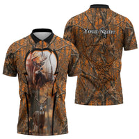 Personalized Deer Hunter Zipper Polo Shirt Antler Outline and Autumn Camouflage Hunting