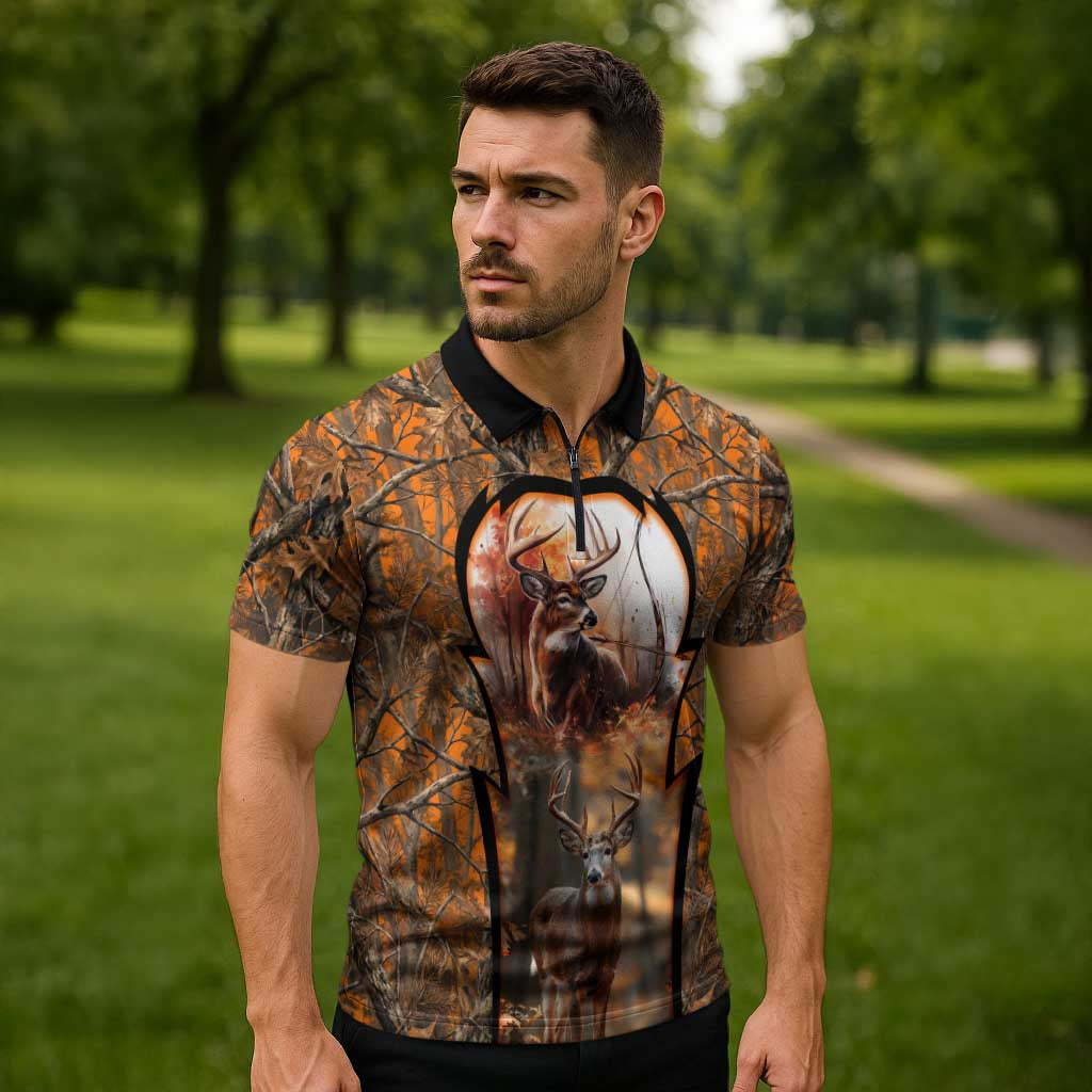 Personalized Deer Hunter Zipper Polo Shirt Antler Outline and Autumn Camouflage Hunting