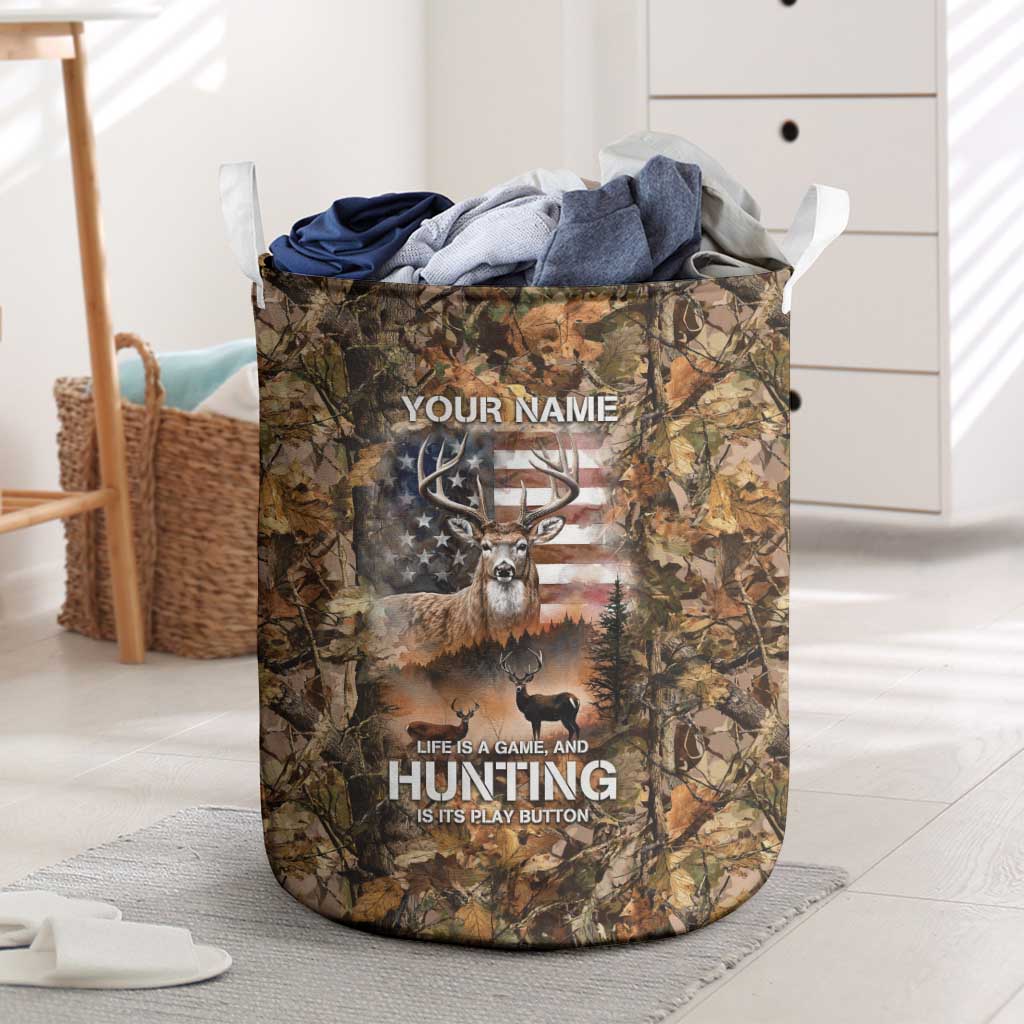 Personalized Buck Deer Hunting Laundry Basket American Flag Sunset Forest in Camouflage