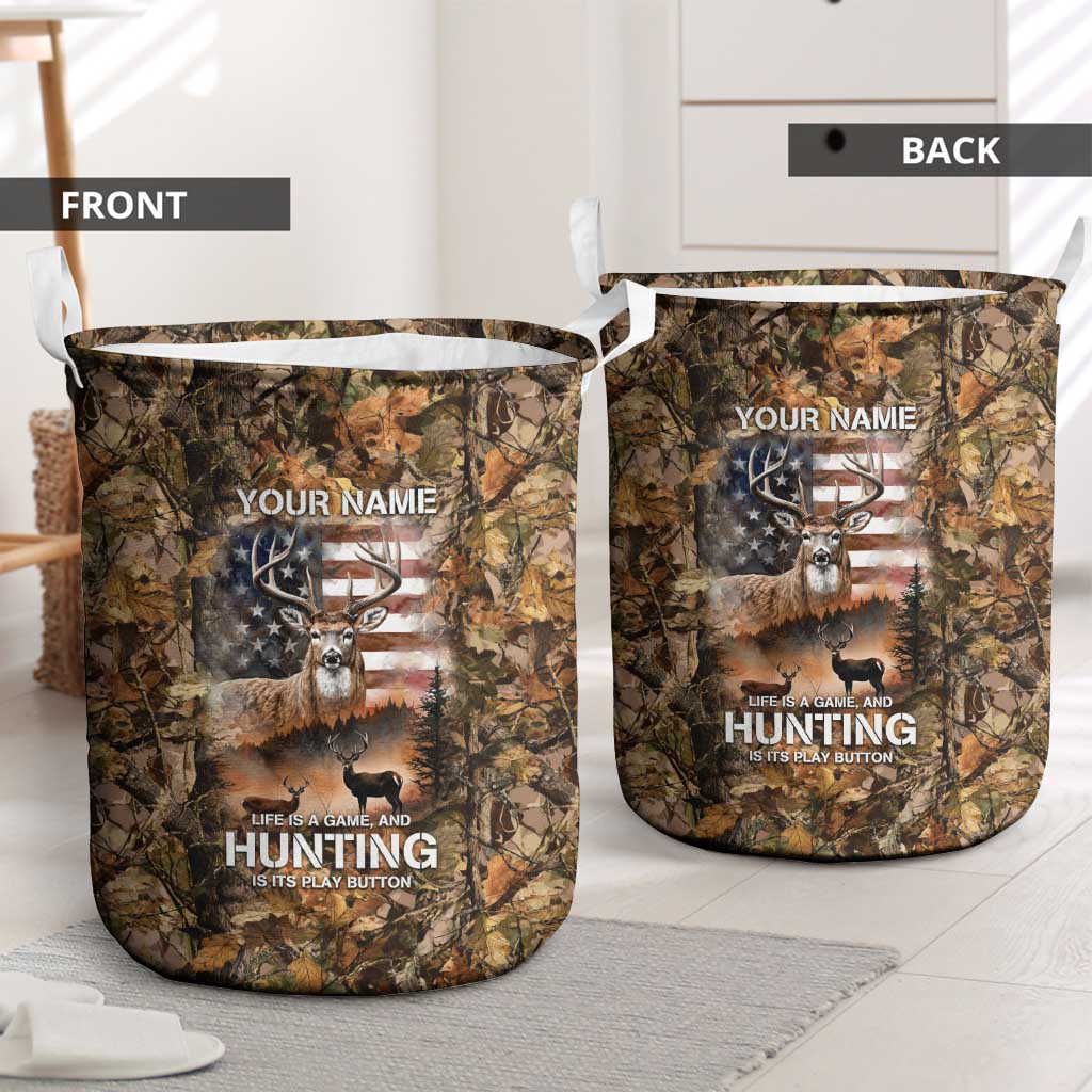 Personalized Buck Deer Hunting Laundry Basket American Flag Sunset Forest in Camouflage