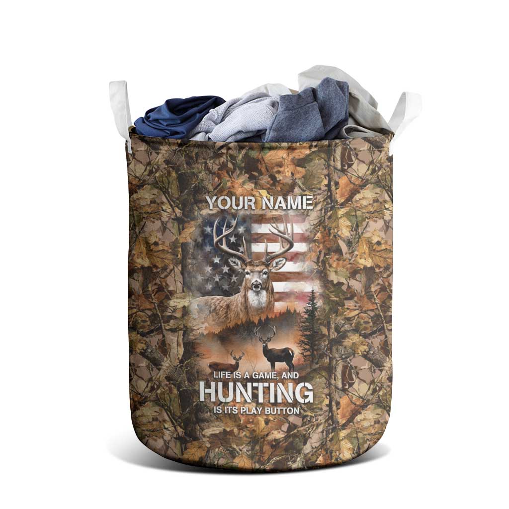 Personalized Buck Deer Hunting Laundry Basket American Flag Sunset Forest in Camouflage