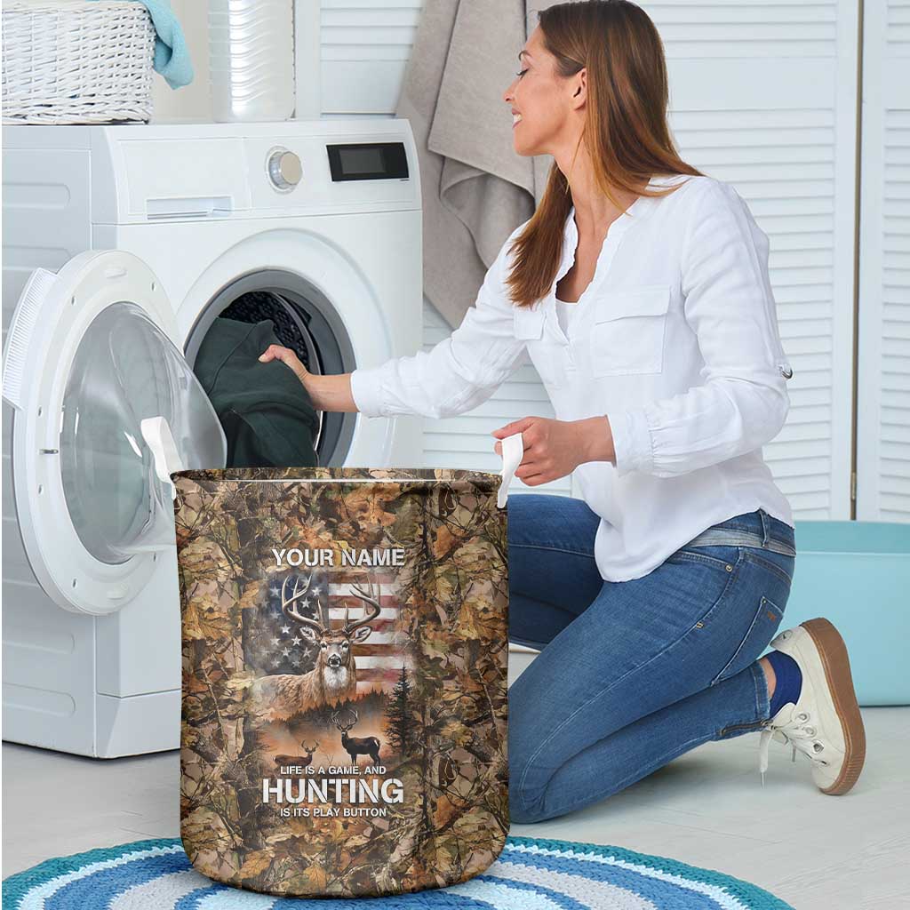 Personalized Buck Deer Hunting Laundry Basket American Flag Sunset Forest in Camouflage