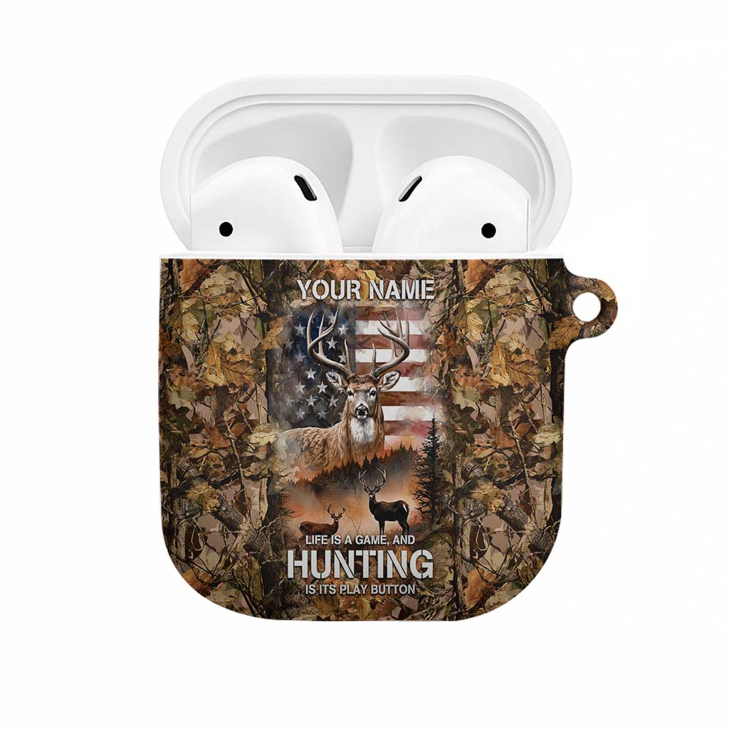 Personalized Buck Deer Hunting AirPods Case American Flag Sunset Forest in Camouflage