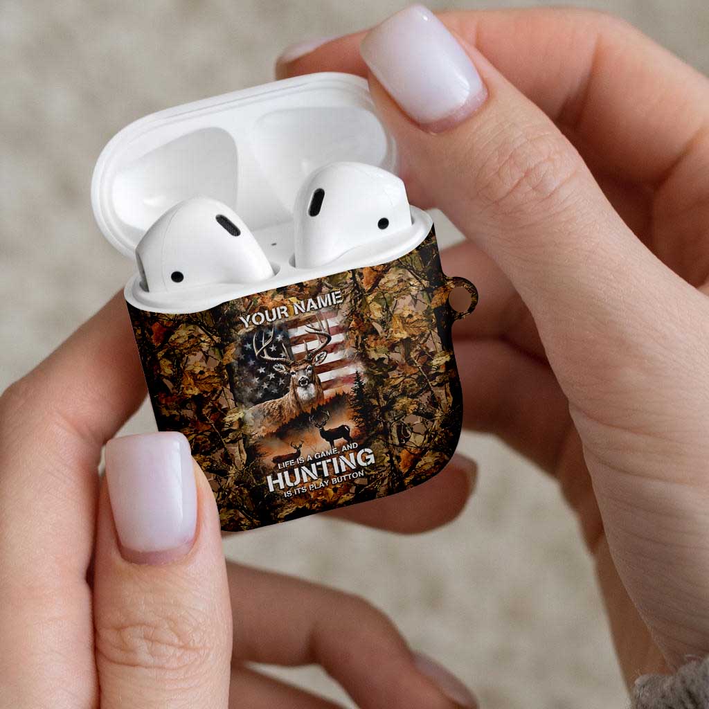 Personalized Buck Deer Hunting AirPods Case American Flag Sunset Forest in Camouflage