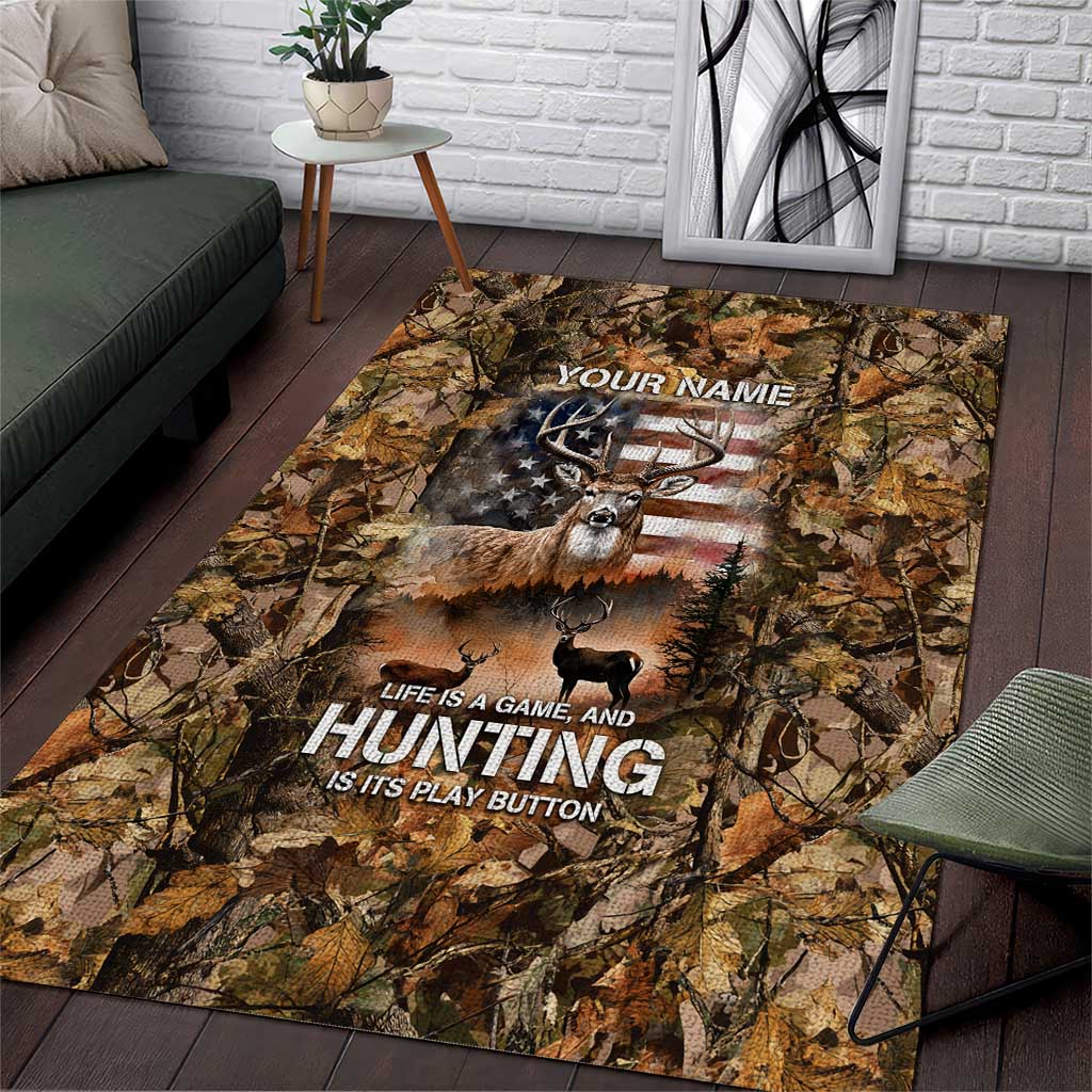 Personalized Buck Deer Hunting Area Rug American Flag Sunset Forest in Camouflage