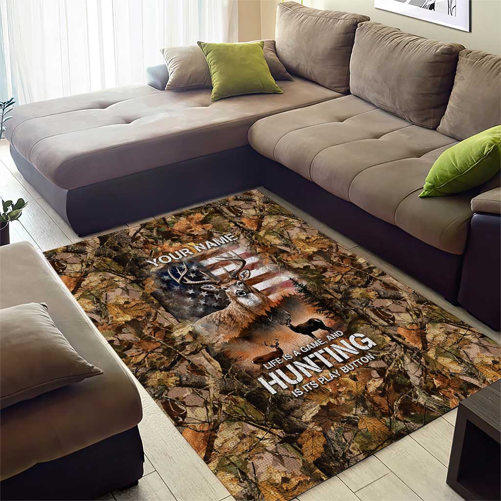 Personalized Buck Deer Hunting Area Rug American Flag Sunset Forest in Camouflage