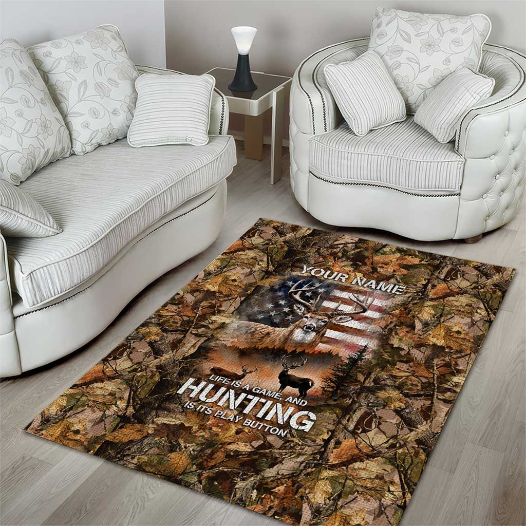Personalized Buck Deer Hunting Area Rug American Flag Sunset Forest in Camouflage