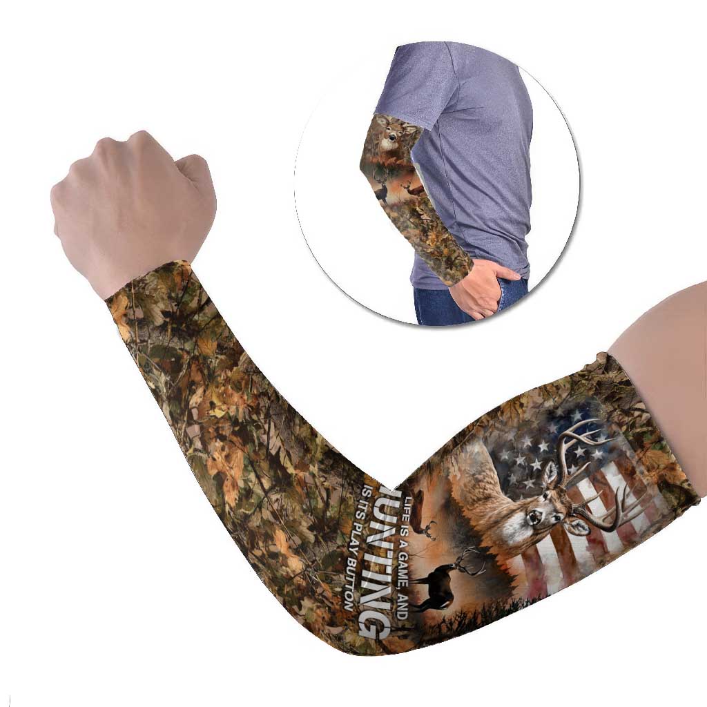Personalized Buck Deer Hunting Arm Sleeves American Flag Sunset Forest in Camouflage