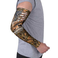 Personalized Buck Deer Hunting Arm Sleeves American Flag Sunset Forest in Camouflage