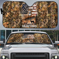 Personalized Buck Deer Hunting Auto Sun Shade American Flag Sunset Forest in Camouflage