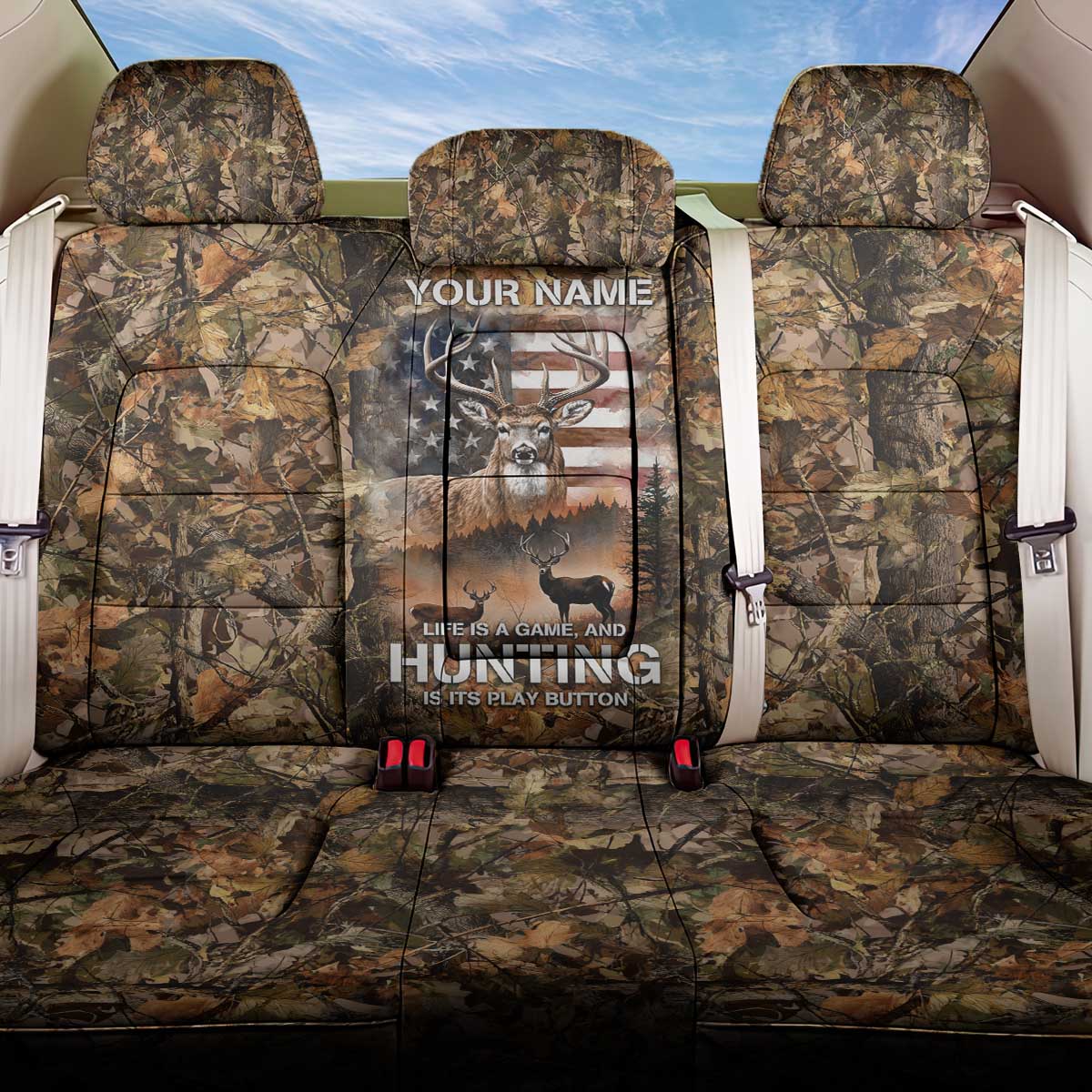 Personalized Buck Deer Hunting Back Car Seat Cover American Flag Sunset Forest in Camouflage