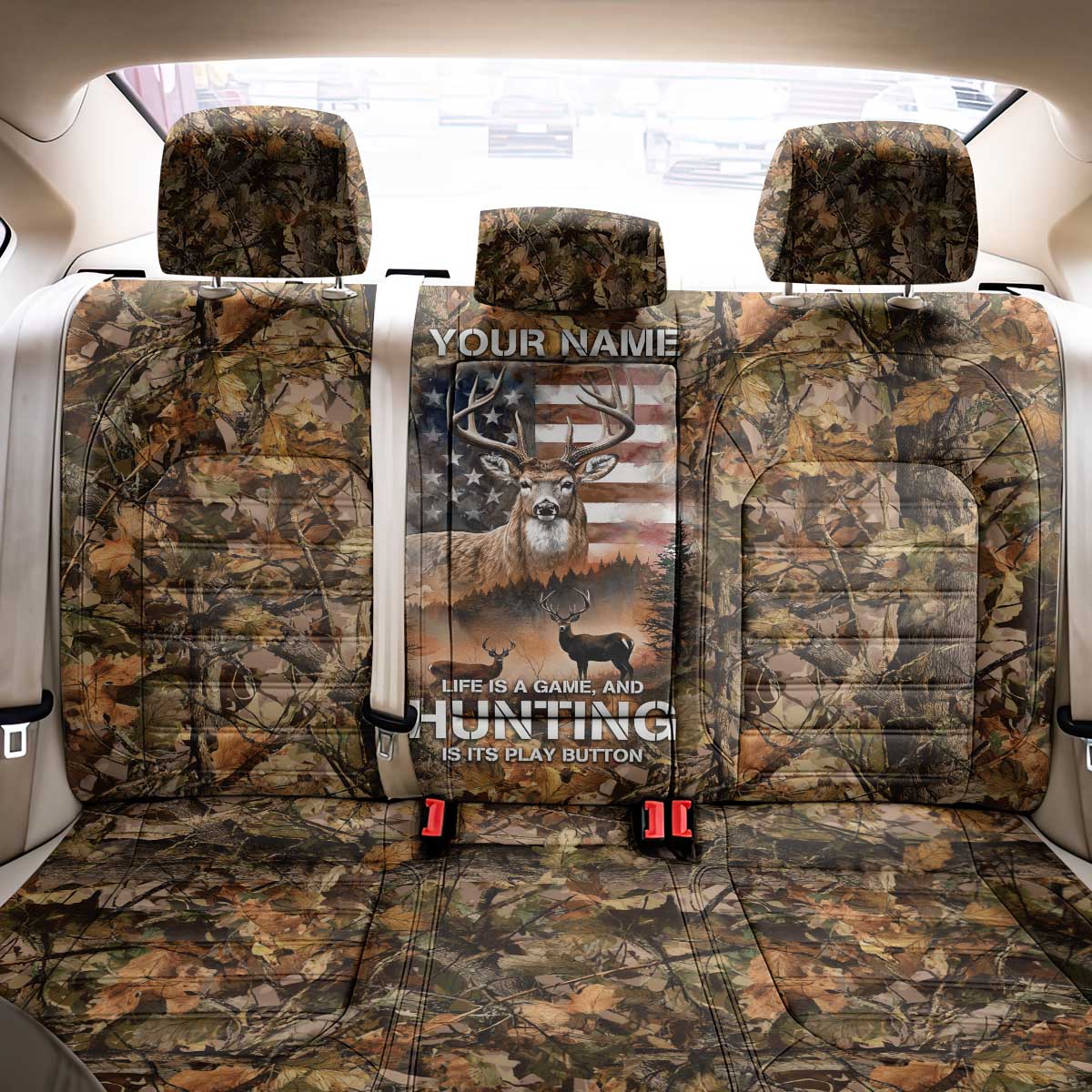 Personalized Buck Deer Hunting Back Car Seat Cover American Flag Sunset Forest in Camouflage