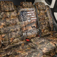 Personalized Buck Deer Hunting Back Car Seat Cover American Flag Sunset Forest in Camouflage