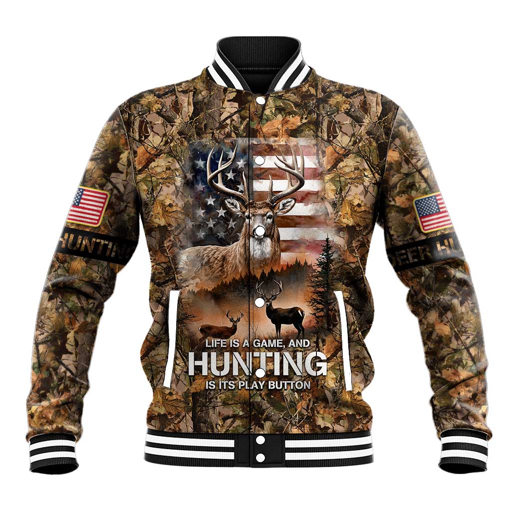 Personalized Buck Deer Hunting Baseball Jacket American Flag Sunset Forest in Camouflage