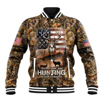 Personalized Buck Deer Hunting Baseball Jacket American Flag Sunset Forest in Camouflage