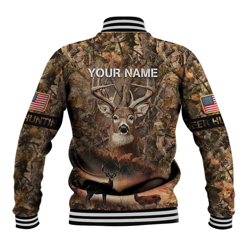 Personalized Buck Deer Hunting Baseball Jacket American Flag Sunset Forest in Camouflage