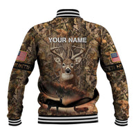 Personalized Buck Deer Hunting Baseball Jacket American Flag Sunset Forest in Camouflage