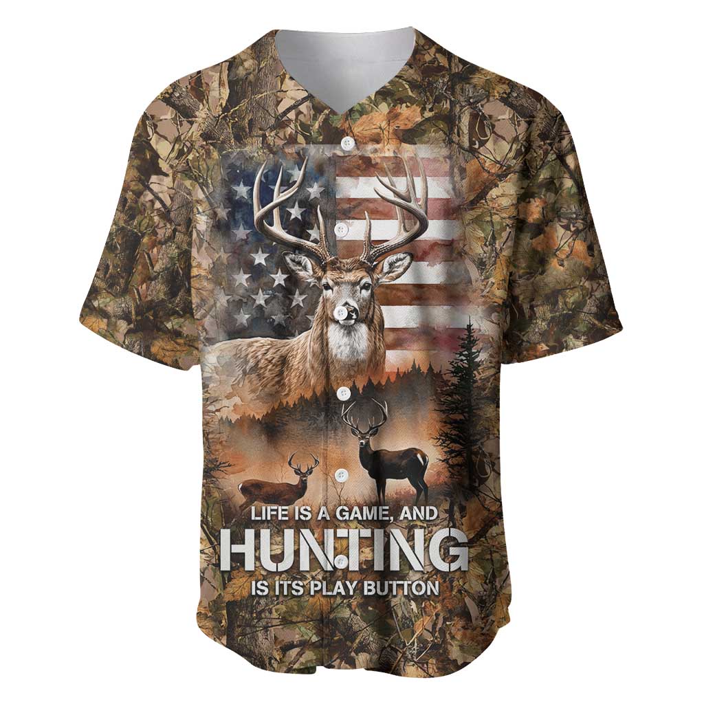 Personalized Buck Deer Hunting Baseball Jersey American Flag Sunset Forest in Camouflage