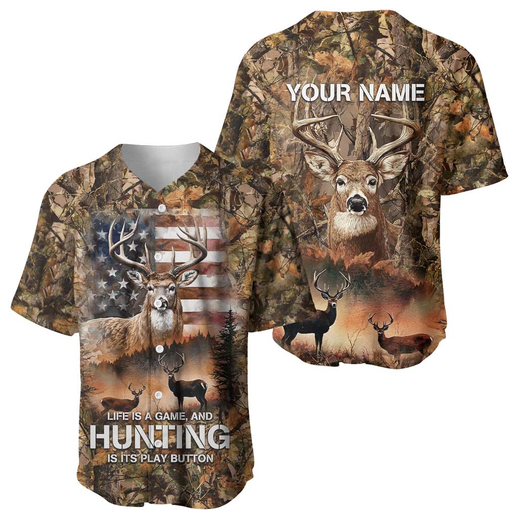 Personalized Buck Deer Hunting Baseball Jersey American Flag Sunset Forest in Camouflage