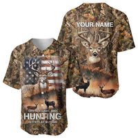 Personalized Buck Deer Hunting Baseball Jersey American Flag Sunset Forest in Camouflage