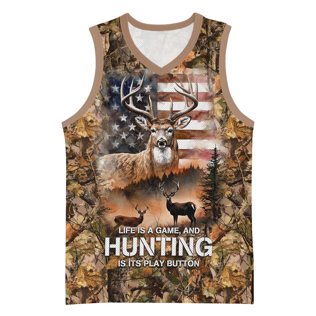 Personalized Buck Deer Hunting Basketball Jersey American Flag Sunset Forest in Camouflage
