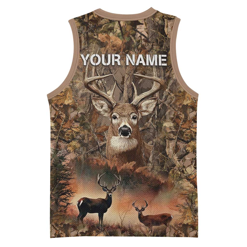 Personalized Buck Deer Hunting Basketball Jersey American Flag Sunset Forest in Camouflage