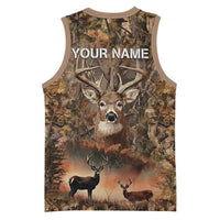 Personalized Buck Deer Hunting Basketball Jersey American Flag Sunset Forest in Camouflage