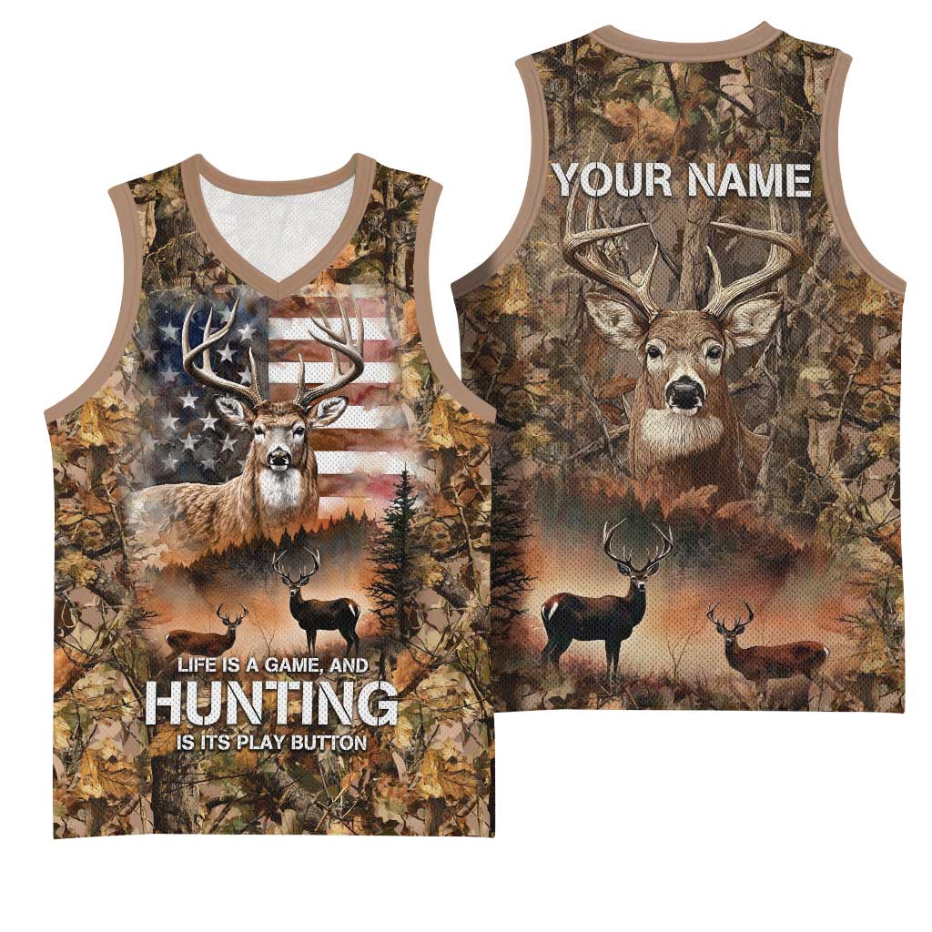 Personalized Buck Deer Hunting Basketball Jersey American Flag Sunset Forest in Camouflage