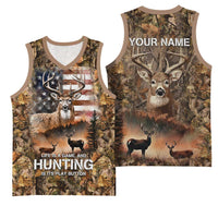 Personalized Buck Deer Hunting Basketball Jersey American Flag Sunset Forest in Camouflage