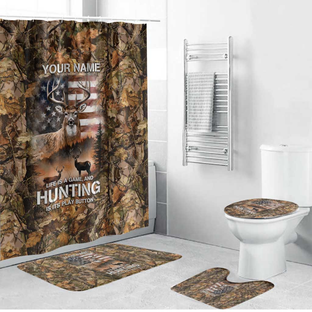 Personalized Buck Deer Hunting Bathroom Set American Flag Sunset Forest in Camouflage