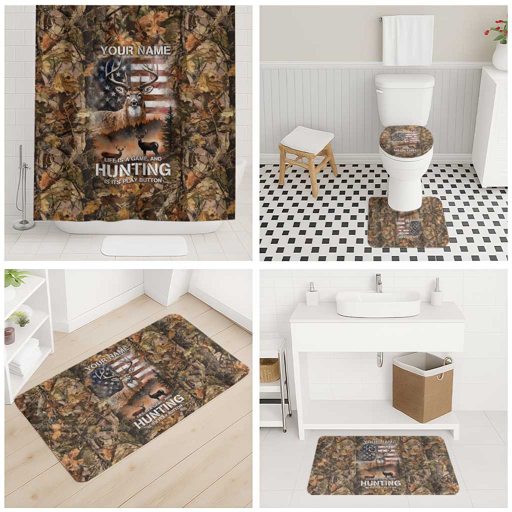 Personalized Buck Deer Hunting Bathroom Set American Flag Sunset Forest in Camouflage