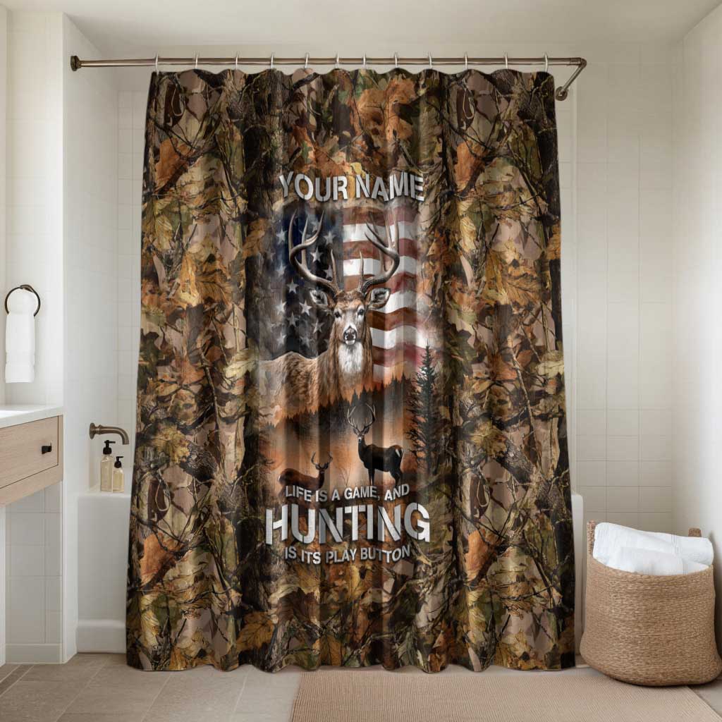 Personalized Buck Deer Hunting Bathroom Set American Flag Sunset Forest in Camouflage