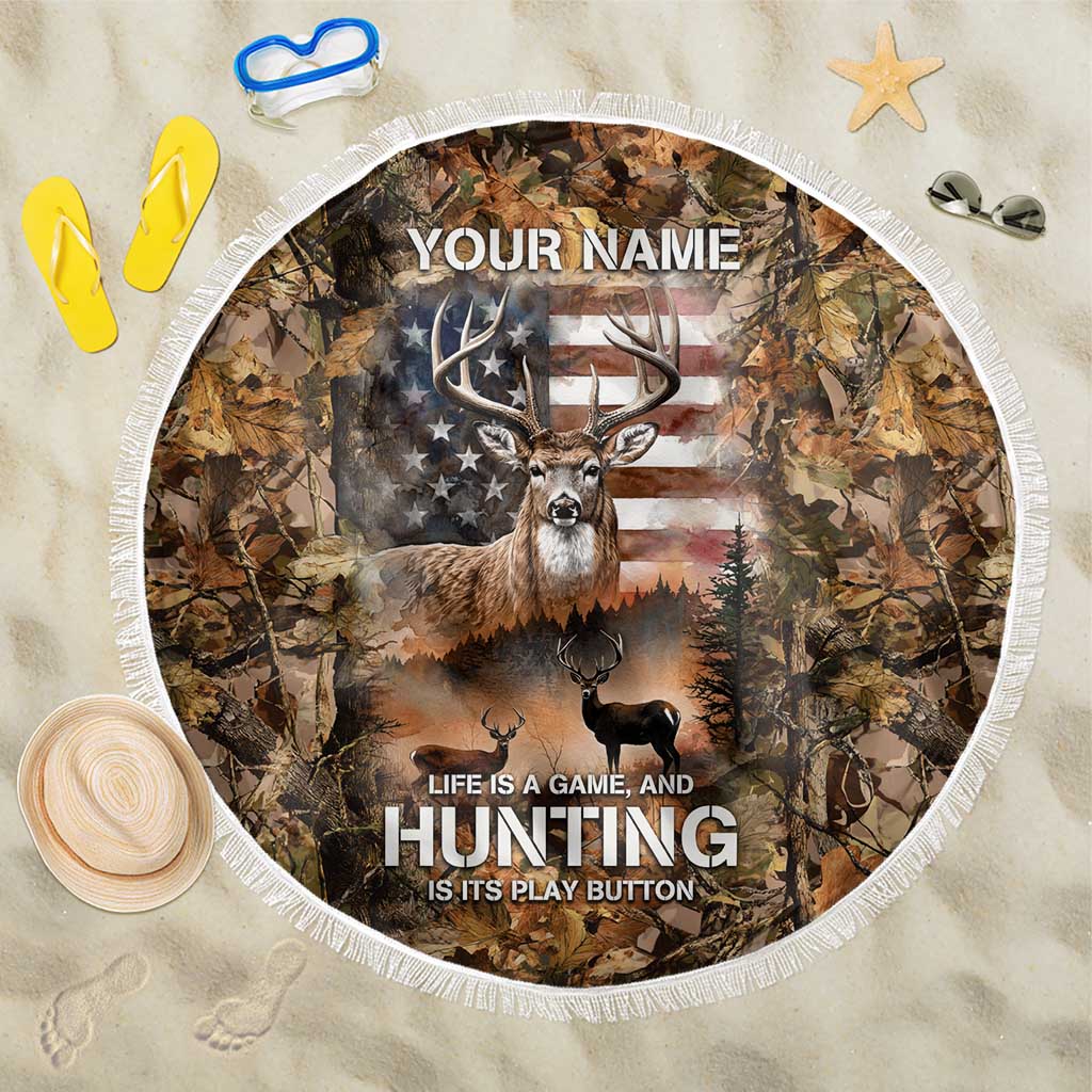 Personalized Buck Deer Hunting Beach Blanket American Flag Sunset Forest in Camouflage