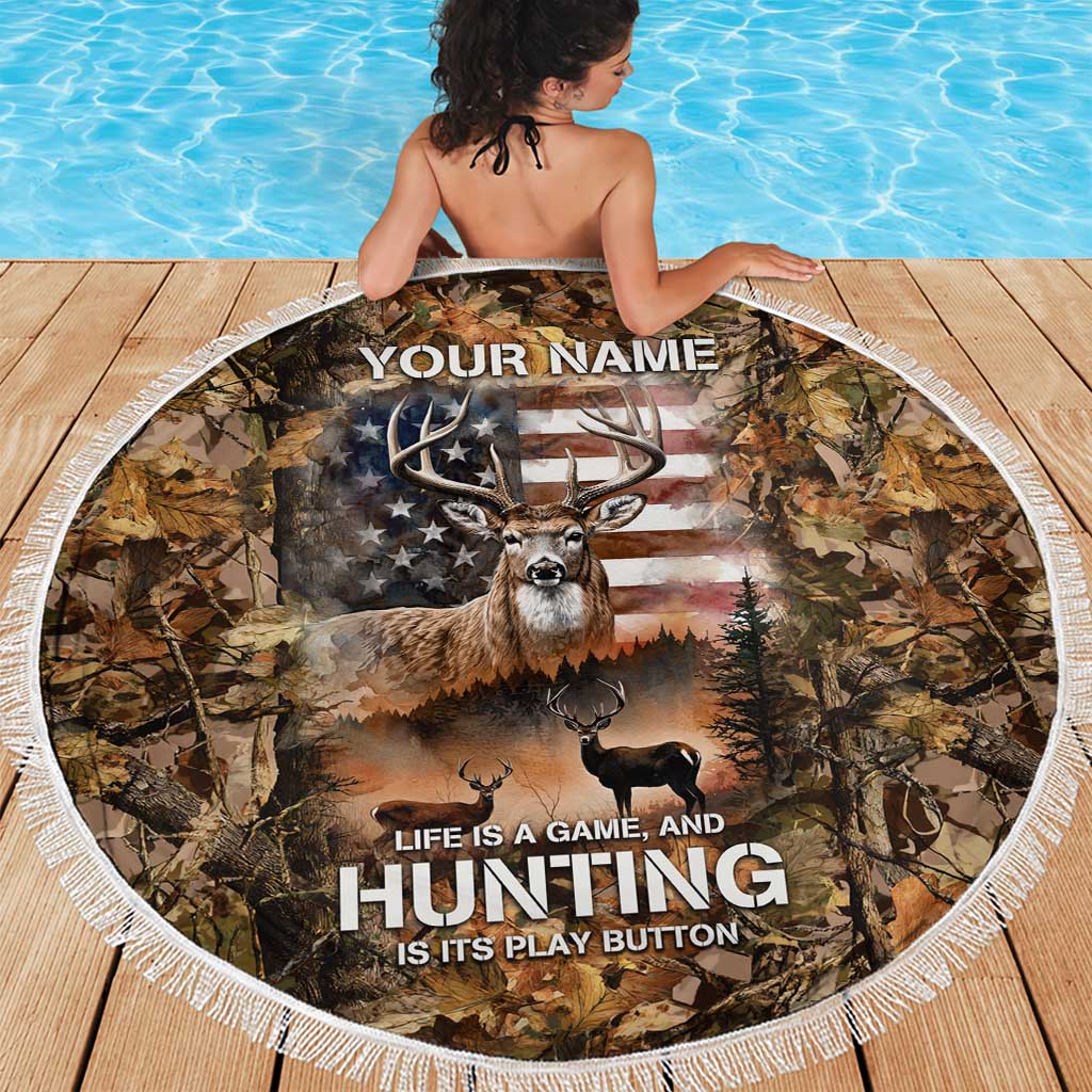 Personalized Buck Deer Hunting Beach Blanket American Flag Sunset Forest in Camouflage
