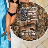 Personalized Buck Deer Hunting Beach Blanket American Flag Sunset Forest in Camouflage